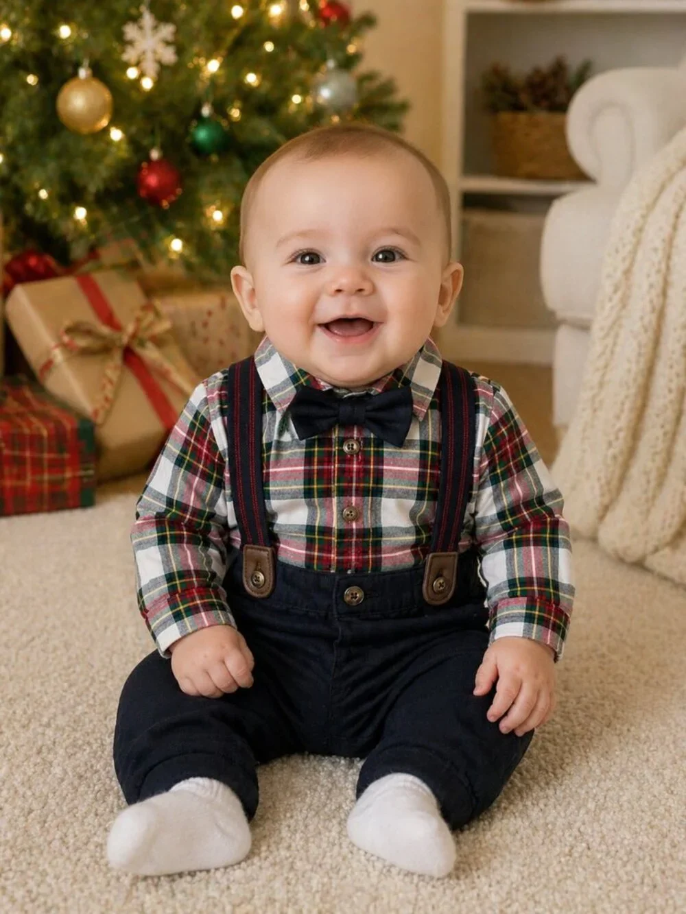 NWT Carter's Baby Boy 2 Piece Christmas Outfit Plaid Shirt Suspenders Holiday